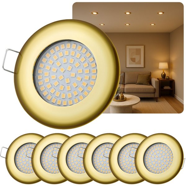 Sweet LED LED Einbaustrahler 6er Set LED Einbauspots Flach rund 5 W gold 230V dimmbar, LED fest integriert, 3000K, warmweiß, Deckenspots, Deckenstrahler, Einbau