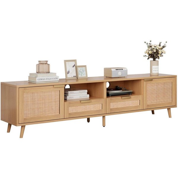 Sweiko TV-Schrank (lowboard,Mit 2 Türen, 2 offenen Fächern, 2 Schubladen, Geflochtenes Rattan-Design) 200*37*49cm