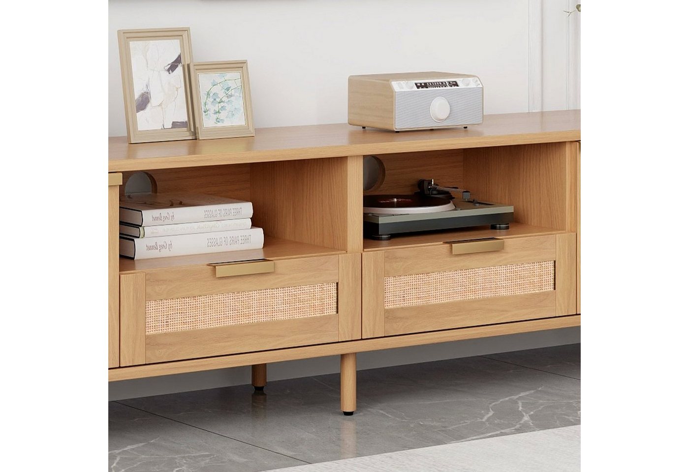 Sweiko TV-Schrank (lowboard,Mit 2 Türen, 2 offenen Fächern, 2 Schubladen, Geflochtenes Rattan-Design) 200*37*49cm – Bild 2 von 5