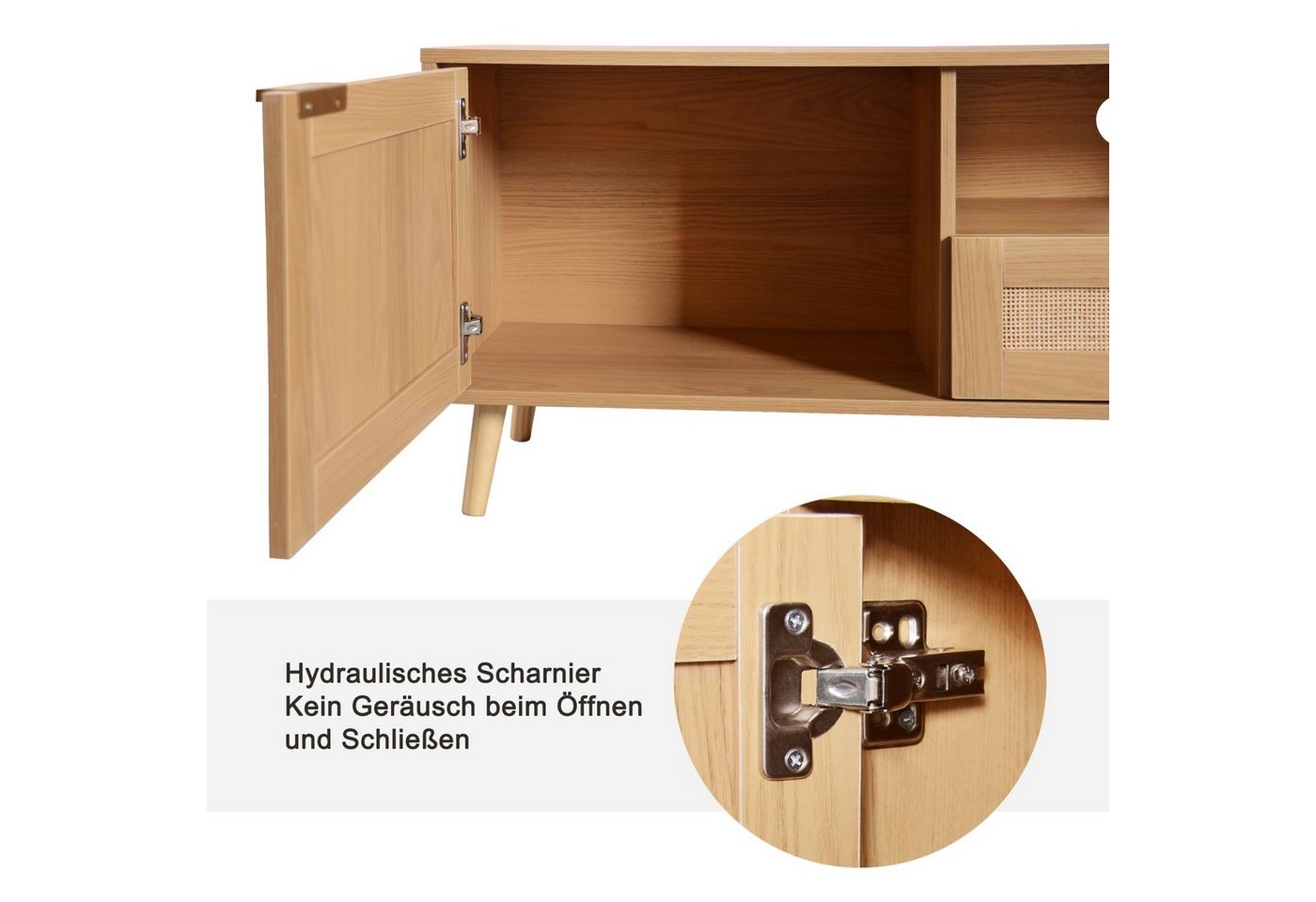 Sweiko TV-Schrank (lowboard,Mit 2 Türen, 2 offenen Fächern, 2 Schubladen, Geflochtenes Rattan-Design) 200*37*49cm – Bild 3 von 5