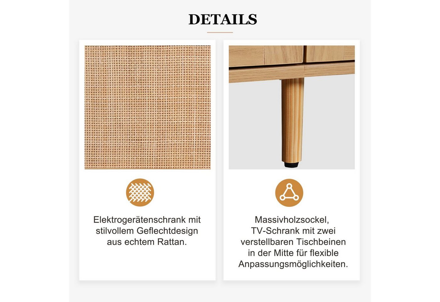 Sweiko TV-Schrank (lowboard,Mit 2 Türen, 2 offenen Fächern, 2 Schubladen, Geflochtenes Rattan-Design) 200*37*49cm – Bild 4 von 5