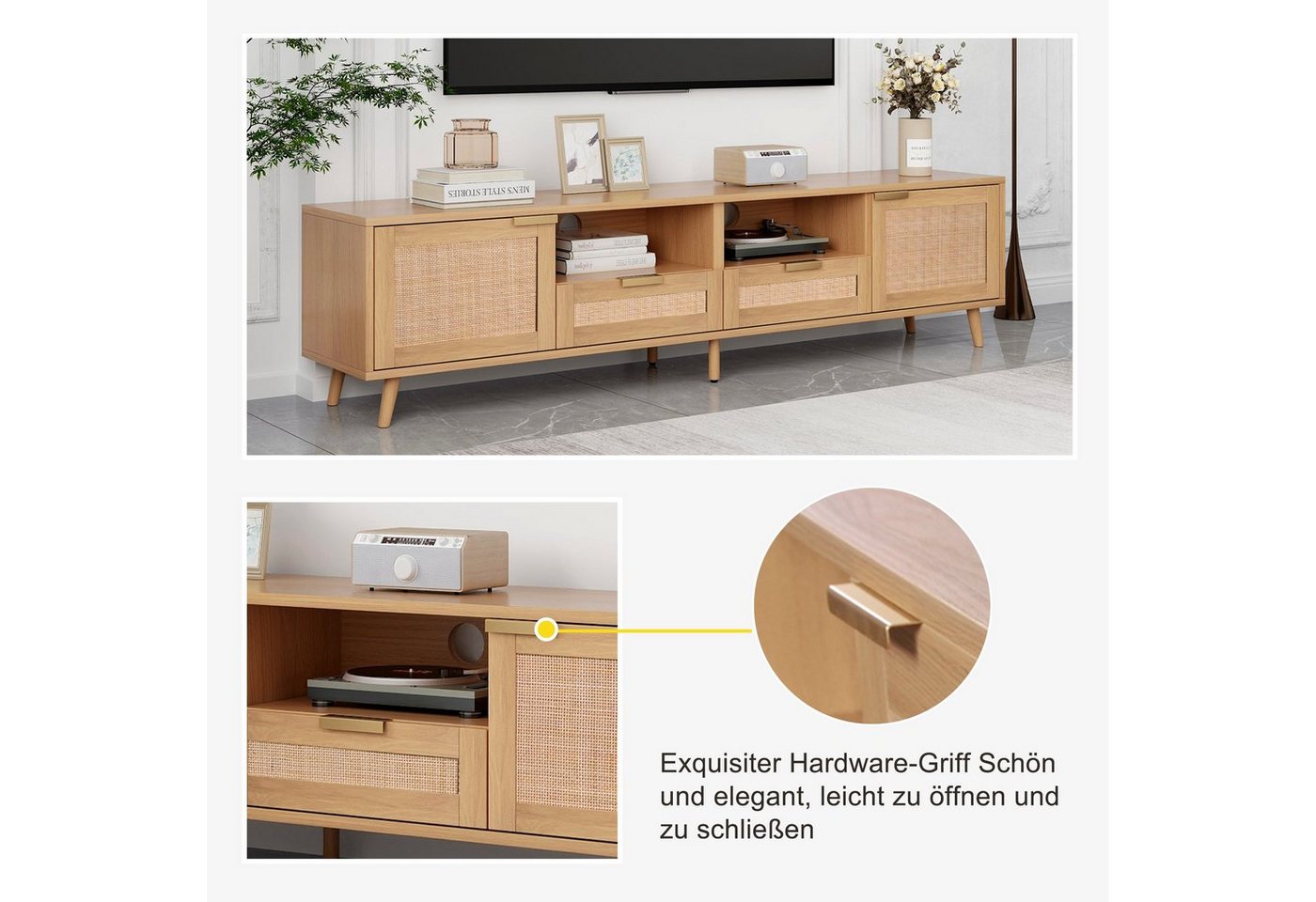Sweiko TV-Schrank (lowboard,Mit 2 Türen, 2 offenen Fächern, 2 Schubladen, Geflochtenes Rattan-Design) 200*37*49cm – Bild 5 von 5