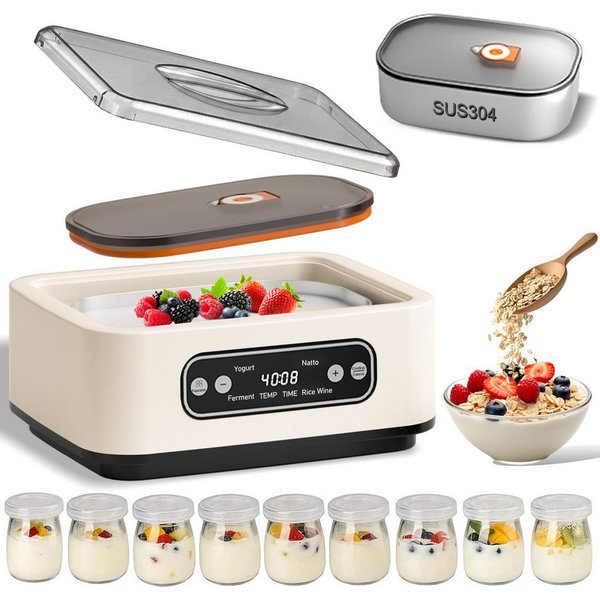SWGOTA Joghurtbereiter Joghurtbereiter, 1,6 L SUS304-Innenbehälter, Temperatur & Timer, OLED, 9 Borosilikat-Gläser für Fermentation, Joghurt, Natto & Reiswein