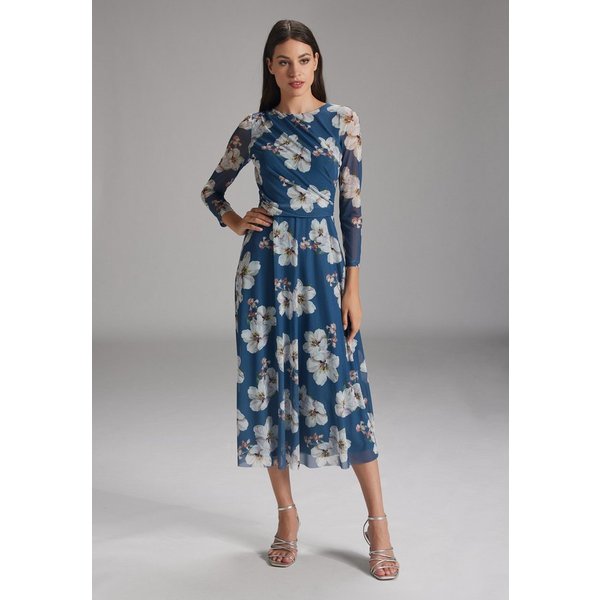 SWING Cocktailkleid - Midilanges Meshkleid mit 3/4-Arm Taillierte Schnitt mit fließendem Rock