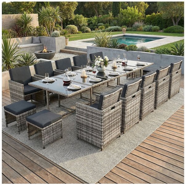 Swing&Harmonie Garten-Essgruppe Poly Rattan Sitzgruppe Esstisch Lounge Gartenmöbel, (Sitzgarnitur, Tisch, Stühle, Hocker Garnitur Set)