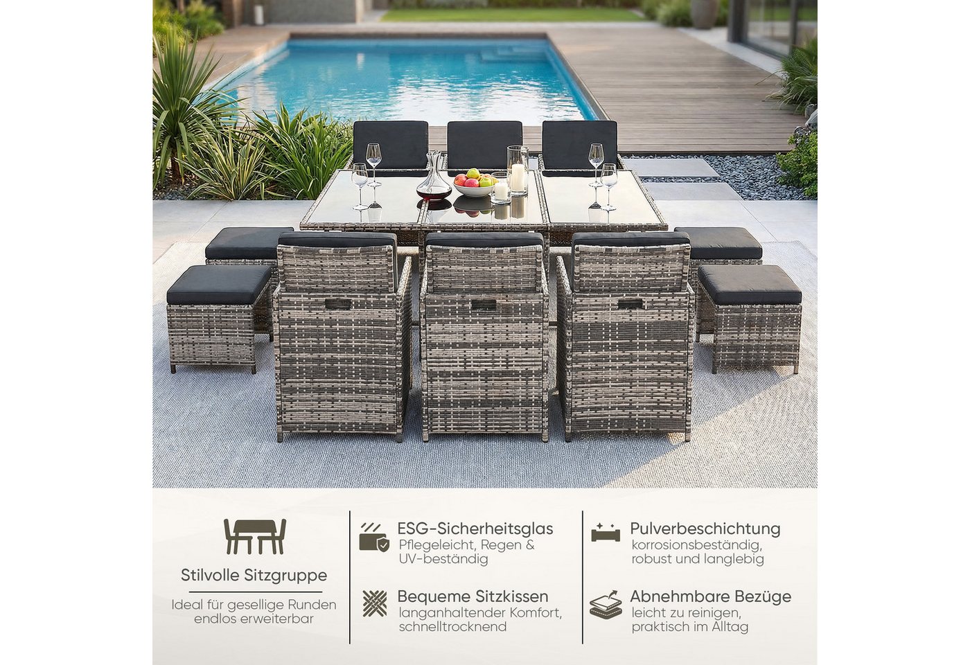 Swing&Harmonie Garten-Essgruppe Poly Rattan Sitzgruppe Esstisch Lounge Gartenmöbel, (Sitzgarnitur, Tisch, Stühle, Hocker Garnitur Set) – Bild 2 von 5