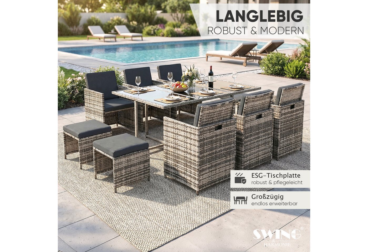 Swing&Harmonie Garten-Essgruppe Poly Rattan Sitzgruppe Esstisch Lounge Gartenmöbel, (Sitzgarnitur, Tisch, Stühle, Hocker Garnitur Set) – Bild 4 von 5