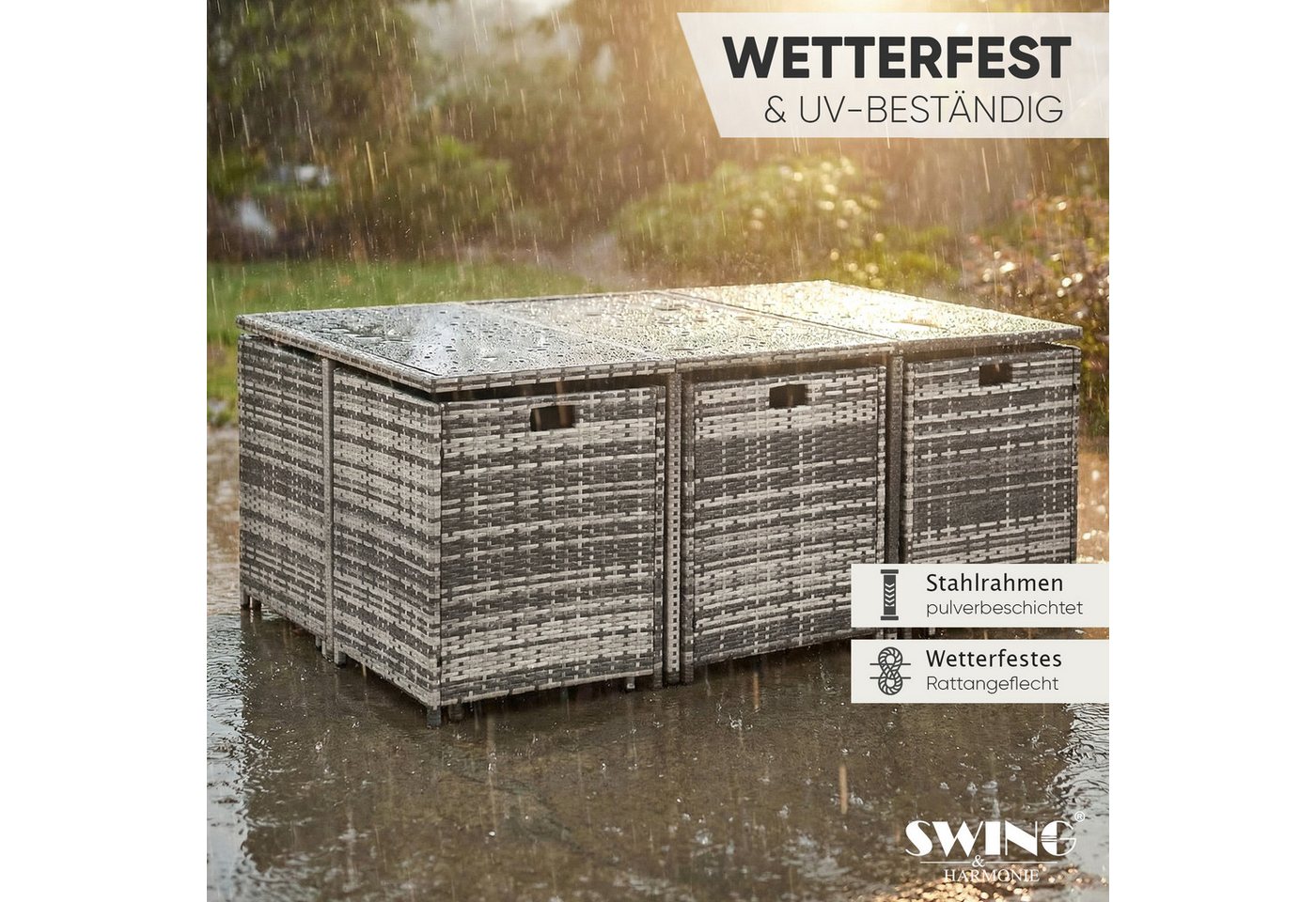 Swing&Harmonie Garten-Essgruppe Poly Rattan Sitzgruppe Esstisch Lounge Gartenmöbel, (Sitzgarnitur, Tisch, Stühle, Hocker Garnitur Set) – Bild 5 von 5
