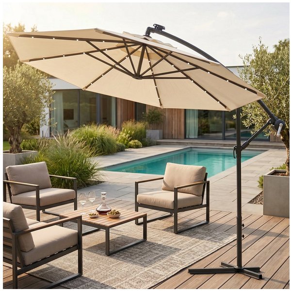 Swing&Harmonie Sonnenschirm mit LED Beleuchtung Luxus Ampelschirm 300 / 350cm, Garten Schirm inkl. Abdeckhaube