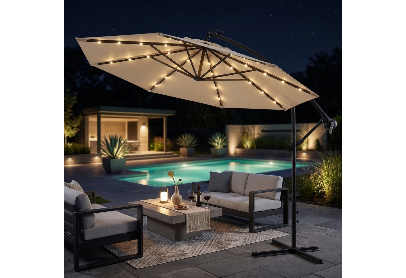 Swing&Harmonie Sonnenschirm mit LED Beleuchtung Luxus Ampelschirm 300 / 350cm, Garten Schirm inkl. Abdeckhaube – Bild 2 von 5
