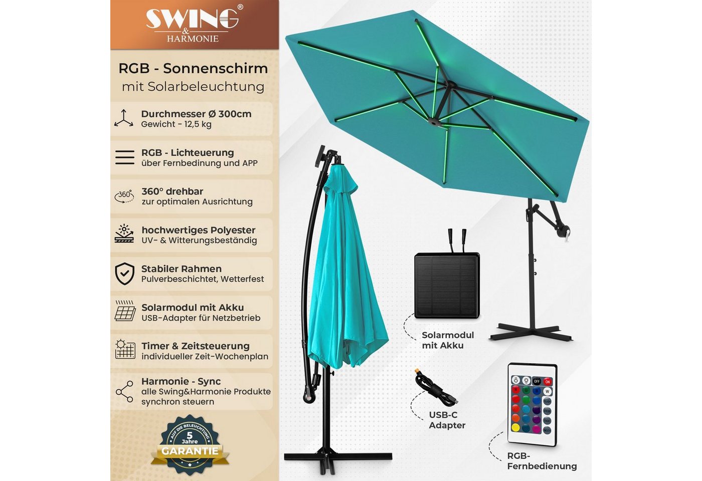 Swing&Harmonie Sonnenschirm mit RGB Beleuchtung LED Ampelschirm Garten Schirm, 300 / 350 cm inkl. Fernbedienung, APP Steuerung – Bild 2 von 5