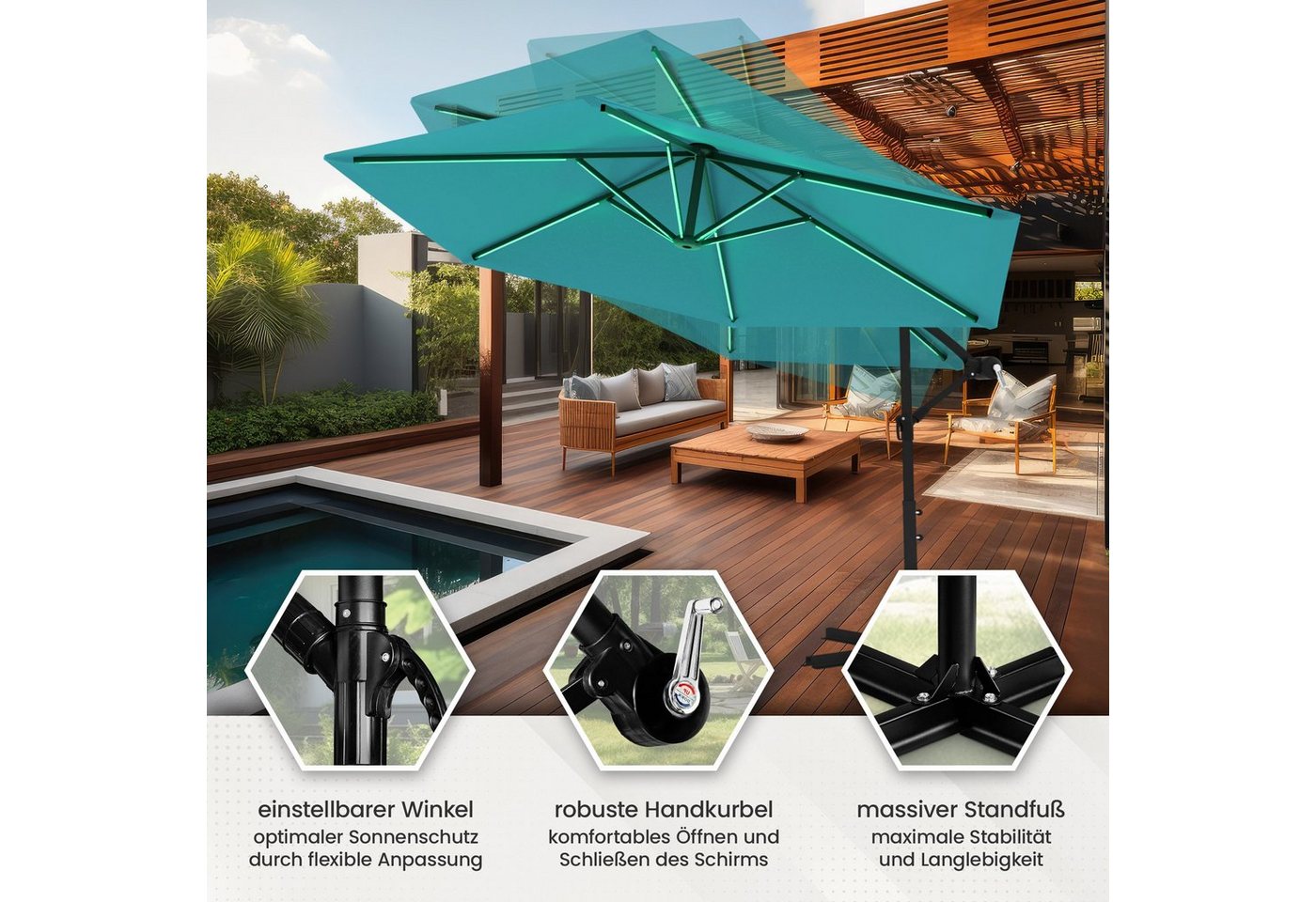 Swing&Harmonie Sonnenschirm mit RGB Beleuchtung LED Ampelschirm Garten Schirm, 300 / 350 cm inkl. Fernbedienung, APP Steuerung – Bild 4 von 5
