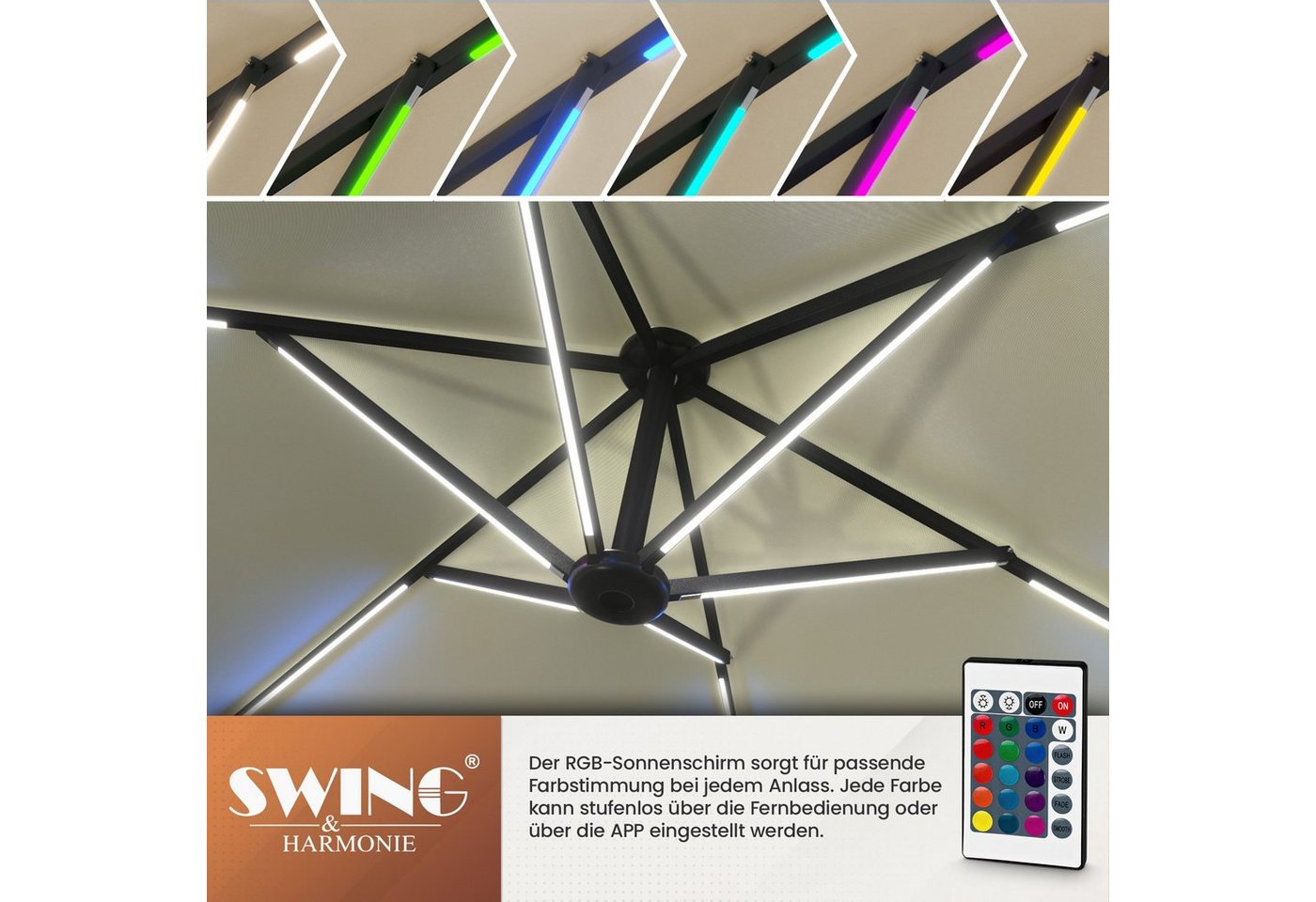 Swing&Harmonie Sonnenschirm mit RGB Beleuchtung LED Ampelschirm Garten Schirm, 300 / 350 cm inkl. Fernbedienung, APP Steuerung – Bild 5 von 5