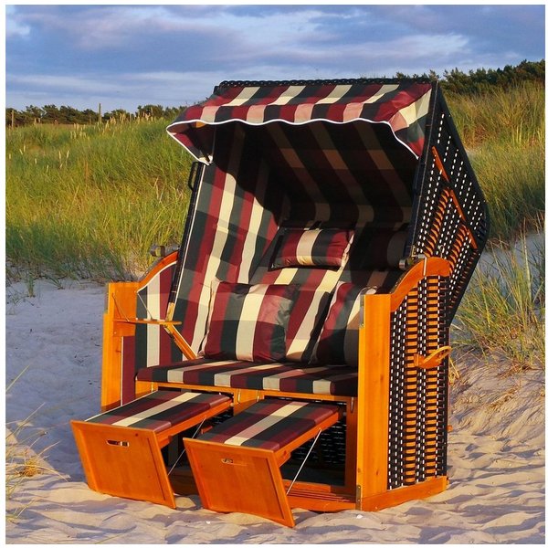 Swing&Harmonie Strandkorb XXL inkl. Abdeckcover Luxus mit 4 Kissen, Klapptische, Zeitungsfächer, Volllieger, Ostsee-Modell, mit LED Beleuchtung und Solarmodul