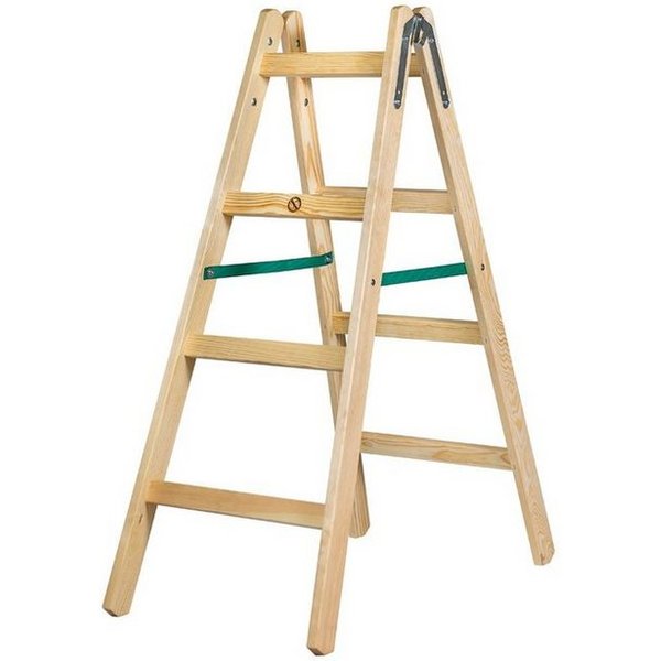 Systafex® Doppelleiter Leiter Doppelstufenleiter Stehleiter Holzleiter 2x 4 Stufen Höhe 1,25m (1-St), Haken und Sicherungsband