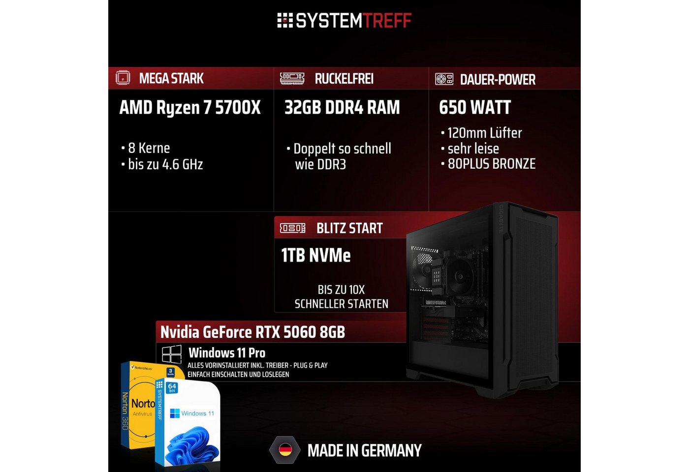 SYSTEMTREFF AMD Ryzen 7 5700X mit Nvidia GeForce RTX 5060 8GB Mini-PC (AMD 5700X 5700X, Nvidia GeForce RTX 5060, 32 GB RAM, 1000 GB SSD, Luftkühlung) – Bild 2 von 5