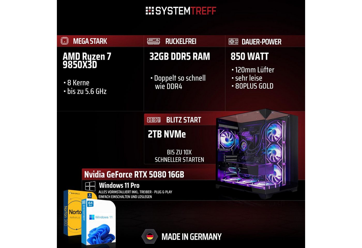SYSTEMTREFF AMD Ryzen 7 9850X3D mit Nvidia GeForce RTX 5080 16GB Gaming-PC (AMD 9850X3D 9850X3D, Nvidia GeForce RTX 5080, 32 GB RAM, 2000 GB SSD, Wasserkühlung) – Bild 2 von 5