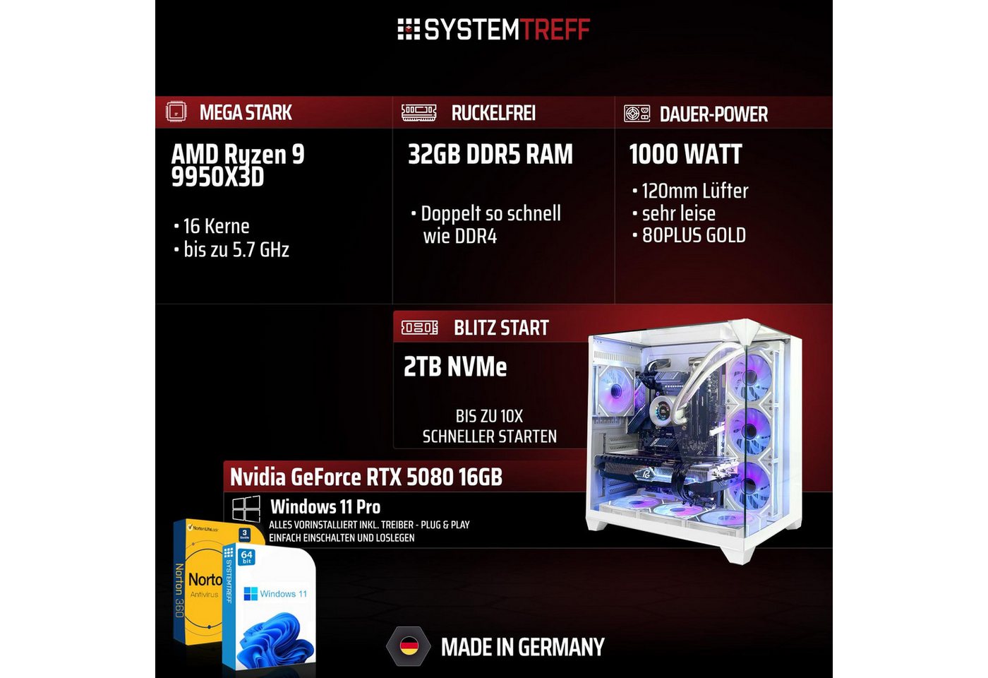 SYSTEMTREFF AMD Ryzen 9 9950X3D mit Nvidia GeForce RTX 5080 16GB Gaming-PC (AMD 9950X3D 9950X3D, Nvidia GeForce RTX 5080, 32 GB RAM, 2000 GB SSD, Wasserkühlung) – Bild 2 von 5