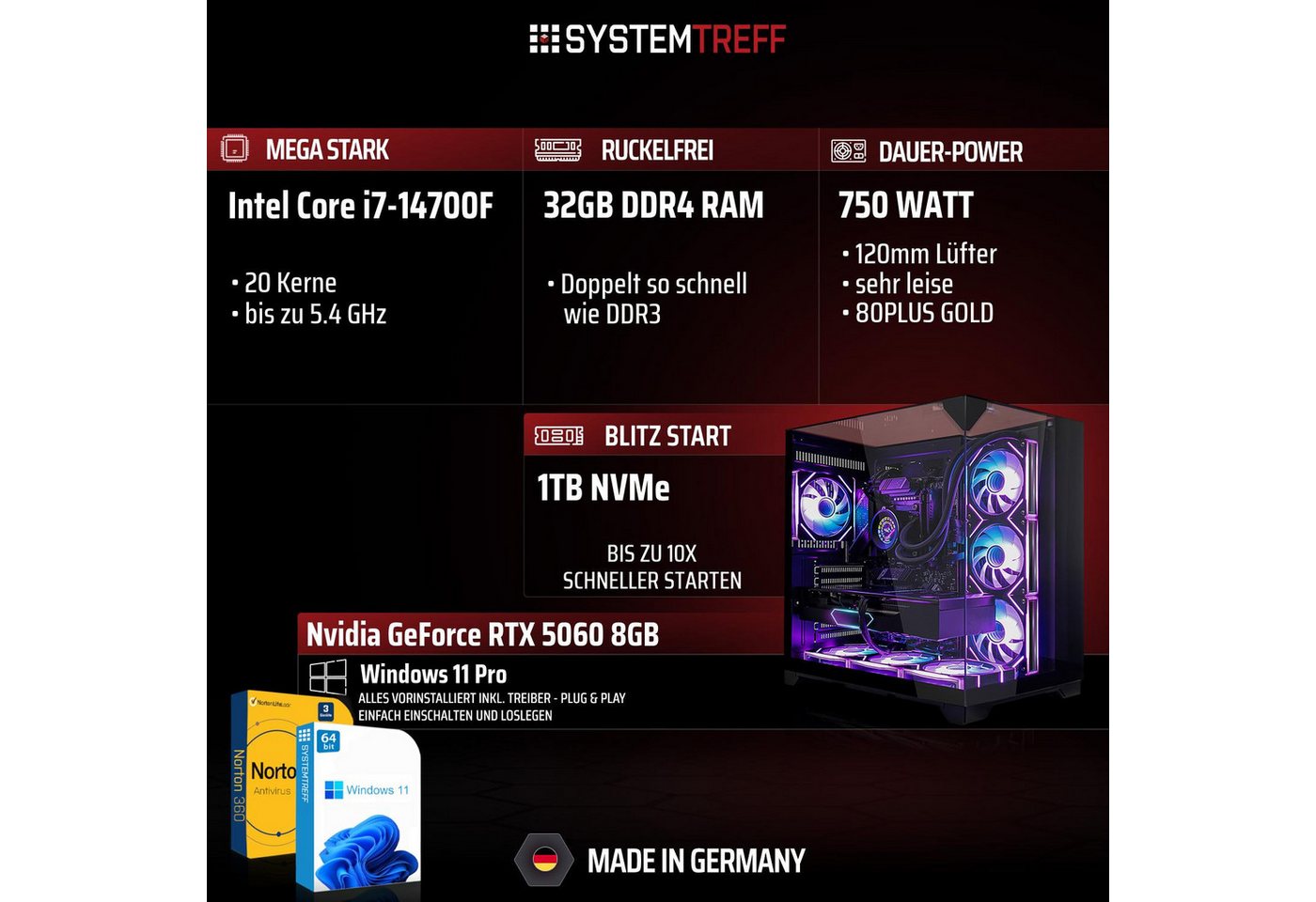SYSTEMTREFF Intel Core i7-14700F mit Nvidia GeForce RTX 5060 8GB Gaming-PC-Komplettsystem (27", Intel 14700F 14700F, Nvidia GeForce RTX 5060, 32 GB RAM, 1000 GB – Bild 2 von 5