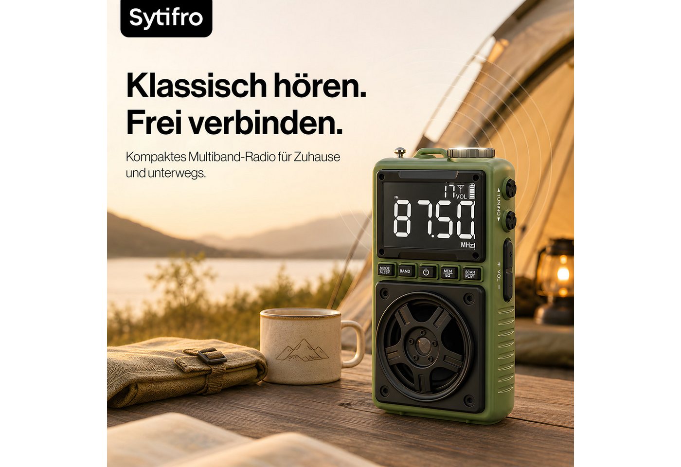 Sytifro Bluetooth Radio mit Lautsprecher, Tragbares FM AM SW Radio (Retro Radio mit LED Licht, wiederaufladbarer Akku, 4 W, USB-C Laden, TF Karte Wiedergabe, Ou – Bild 2 von 5