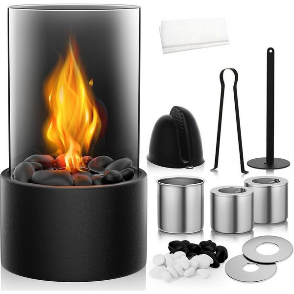 Tabletop Tischfeuer Tischfeuer Tischkamin Bioethanol Kamin mit Glas Dekosteinen Schwarz (Tischfeuer Set mit 2 Brennkammern Flammenringen Zange und Handschuhen, 