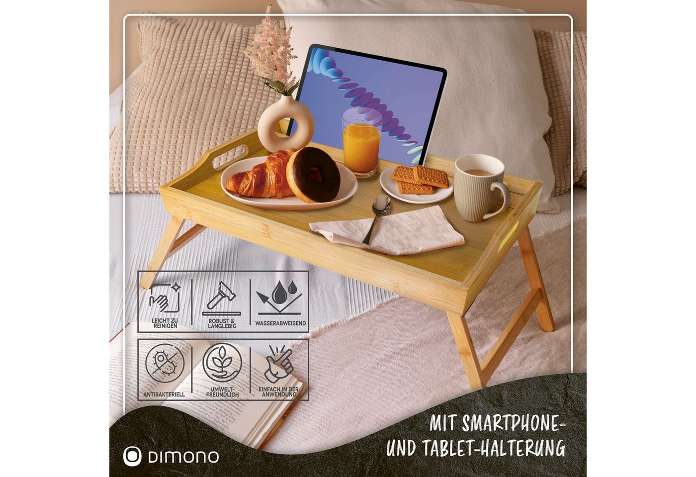 Dimono Tabletttisch DIMONO Bambus Bett Tablett – Klappbares Frühstücks- & Serviertablett, Serviertablett Betttisch – Bild 3 von 5