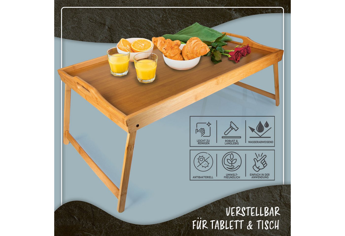 Dimono Tabletttisch DIMONO Bambus Bett Tablett – Klappbares Frühstücks- & Serviertablett, Serviertablett Betttisch – Bild 2 von 5
