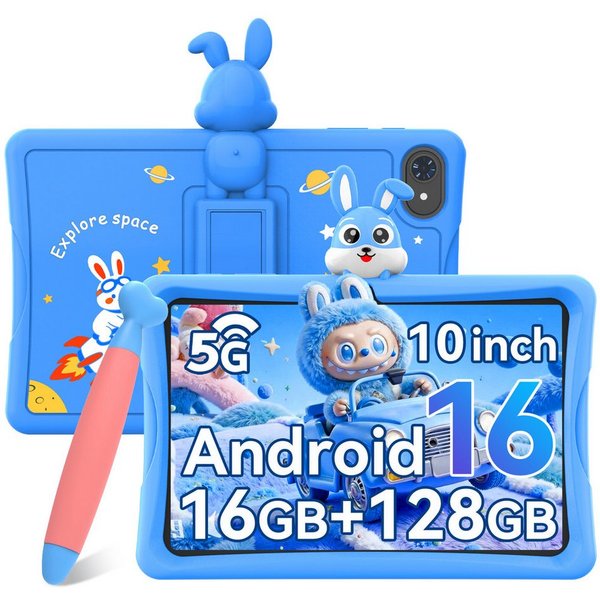 TABWEE 10" kinder tablet Android15 mit Hülle, Stift Tablet (10.1", 64 GB, Android16, Google Kids Space, 5G wifi, Android 15, Gemini AI, mit Stift)