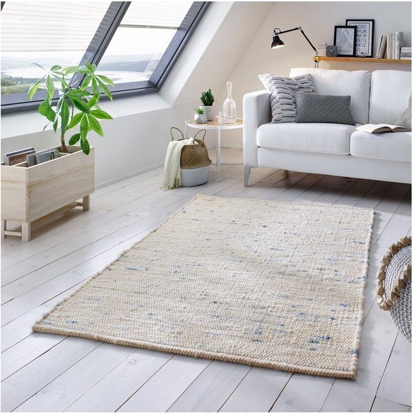 TaCa Home Wollteppich Handweb Woll-Teppich Neuseeland, rechteckig, Höhe: 10 mm, Blau Meliert - 70 x 130 cm