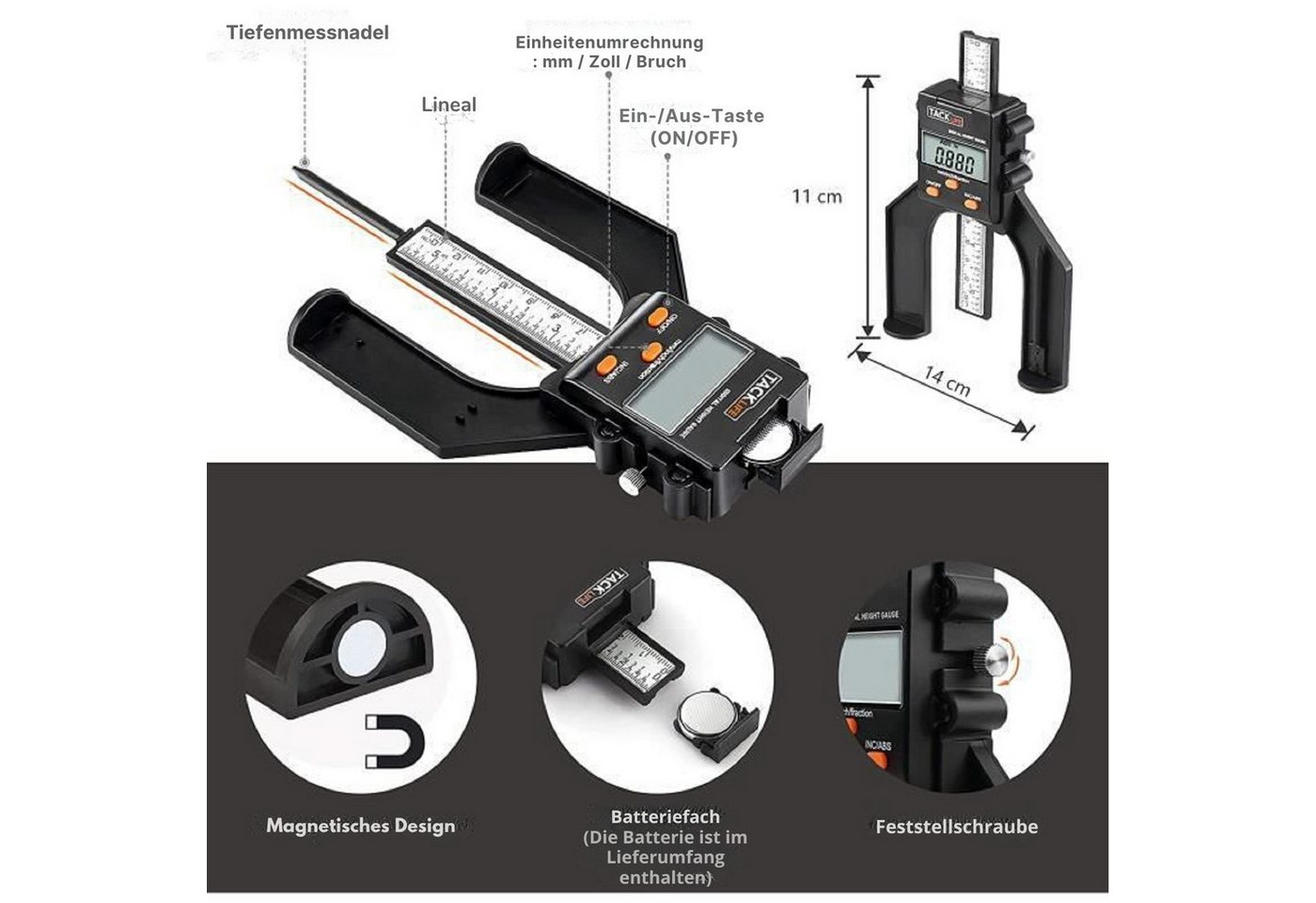 TACKLIFE Messschieber 80mm Digital Tiefenmesser mit LCD Digitalanzeige – Bild 2 von 5