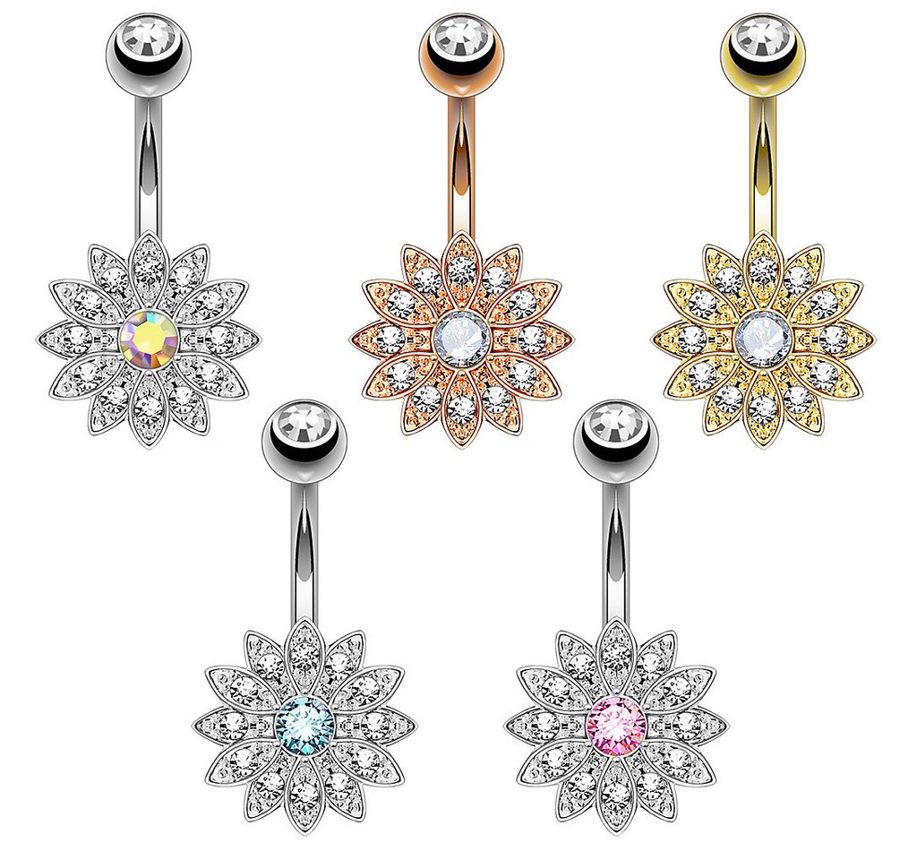 Taffstyle Bauchnabelpiercing Banane Piercing Bauchpiercing Chirurgenstahl Kristall Blume (Eleganter Blütenanhänger mit Zirkonia Kristallen und Kugelverschluss) – Bild 2 von 3
