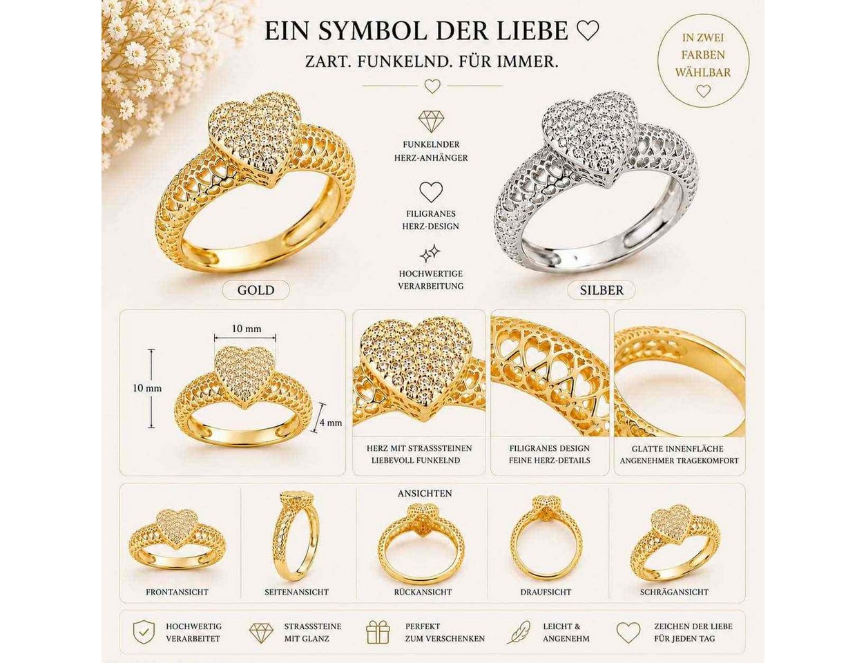 Taffstyle Fingerring Damen Herz Ring Zirkonia Schmuckring Fingerring Elegant glänzend (Damenring mit funkelndem Herzdesign und edler Verarbeitung), Verlobungsri – Bild 3 von 5