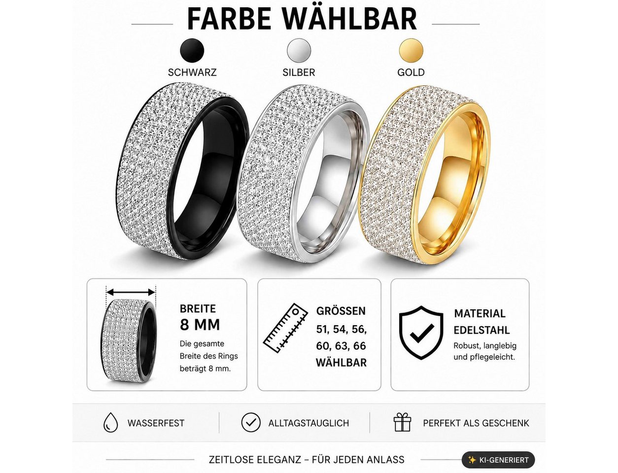 Taffstyle Fingerring Kristallring Edelstahlring Glitzerring Fingerring Ring mit Kristallen (Funkelnder Kristallring – ideale Geschenkidee zum Geburtstag, Valent – Bild 3 von 5