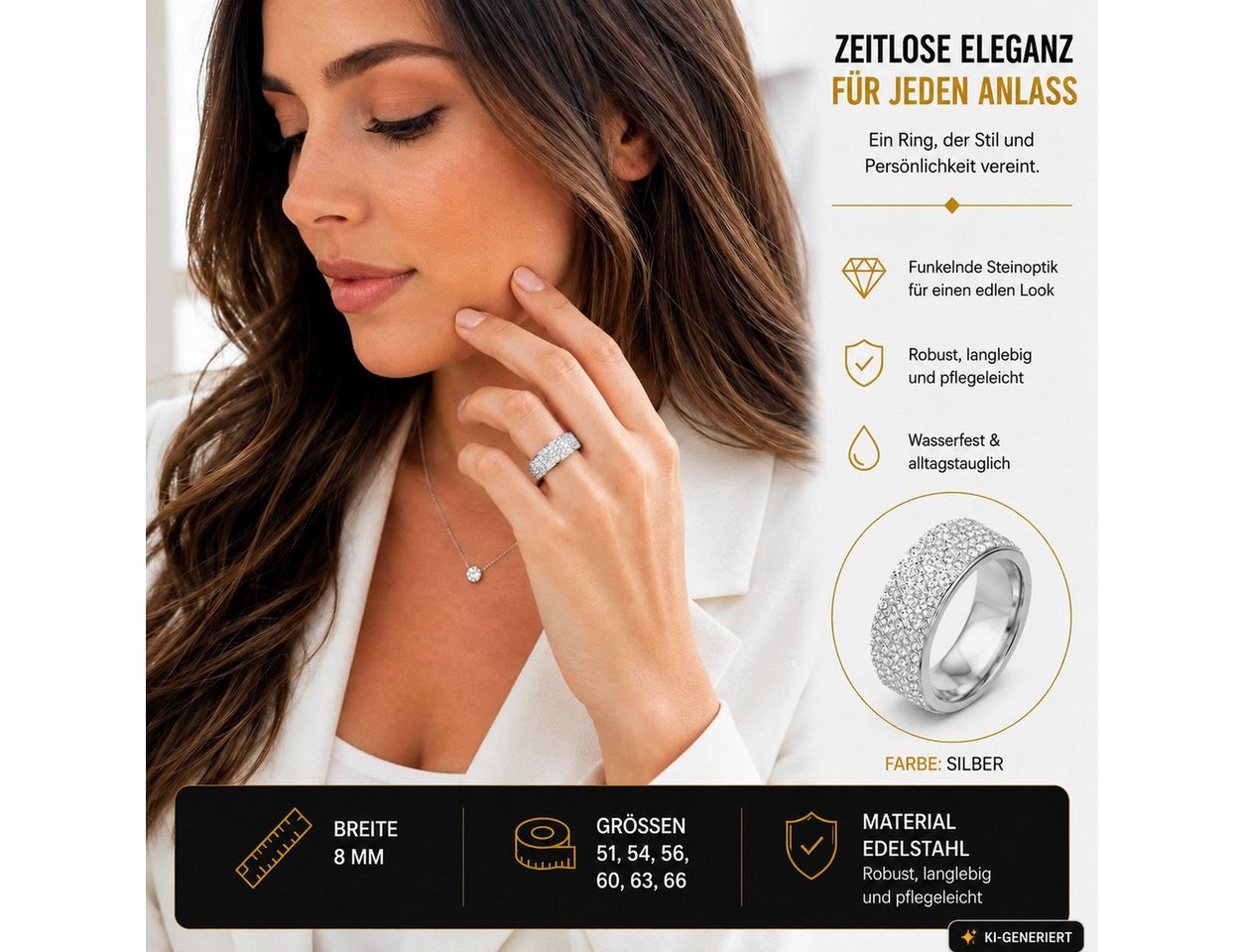 Taffstyle Fingerring Kristallring Edelstahlring Glitzerring Fingerring Ring mit Kristallen (Funkelnder Kristallring – ideale Geschenkidee zum Geburtstag, Valent – Bild 4 von 5