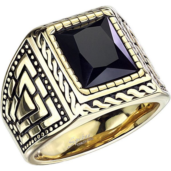 Taffstyle Fingerring Massiver Herren Edelstahl Ring vergoldet XXL schwarzer Kristall (Vergoldeter Statement Ring mit großem Stein für Herren im Rocker Biker Sti