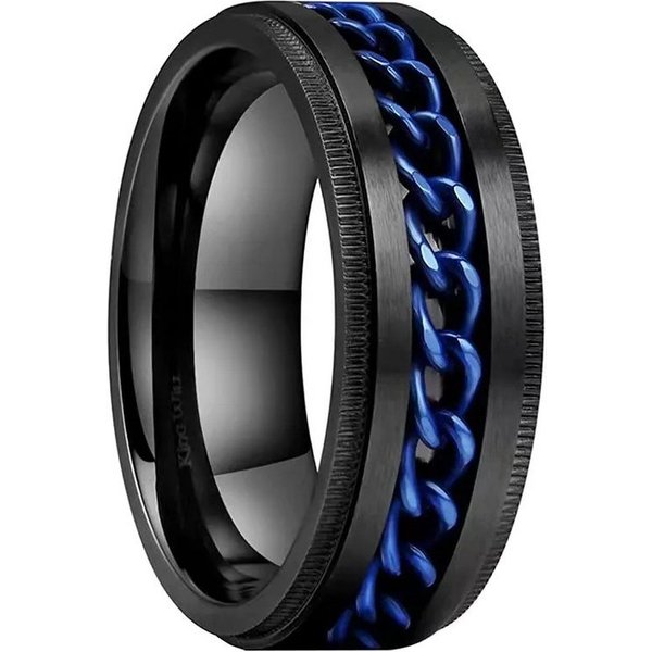 Taffstyle Fingerring Ring Spinner bewegliche Kette Schwarz Blau Größe 52 (16.6) (Bandring Biker Schmuck Geschenke für Männer Herren), Edelstahl spinning Drehrin