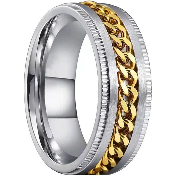 Taffstyle Fingerring Ring Spinner bewegliche Kette Silber Gold Größe 60 (19.1) (Bandring Biker Schmuck Geschenke für Männer Herren), Edelstahl spinning Drehring