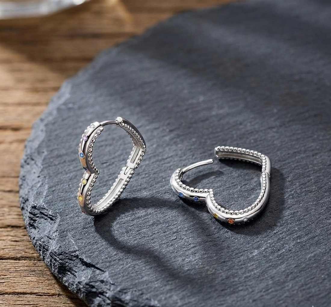 Taffstyle Paar Creolen Herz Creolen 925 Sterling Silber Ohrringe kleine bunte Kristalle (Romantische Herzcreolen mit bunten Kristallen perfekt als Geschenkidee  – Bild 3 von 5