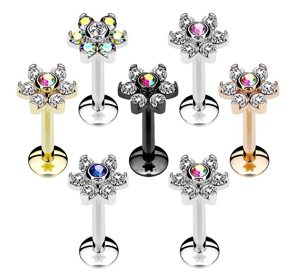 Taffstyle Piercing-Set Piercing Stab Stecker Blüte mit Strass Kristall, Lippe Ohr Nase Lippenpiercing Tragus Ohrpiercing Helix Zungen Labret – Bild 2 von 3