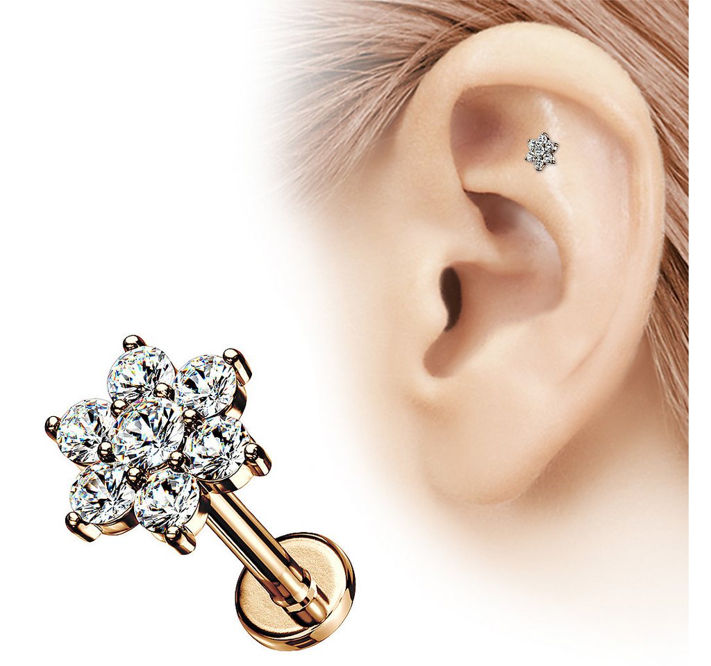 Taffstyle Piercing-Set Tragus Labret Ohr Stecker Piercing flach Zirkonia Blume Rosegold 8mm (Helix Rook Lobe Daith Conch Orbital Snug Ohrring Piercing), Helix I – Bild 2 von 3