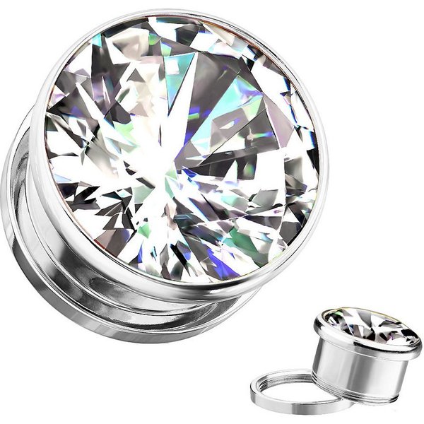 Taffstyle Plug Ohr Tunnel mit großen eingefassten klarem Zirkonia Kristall (Eleganter Ohr Plug Tunnel mit funkelndem Zirkonia Stein in mehreren Farben)