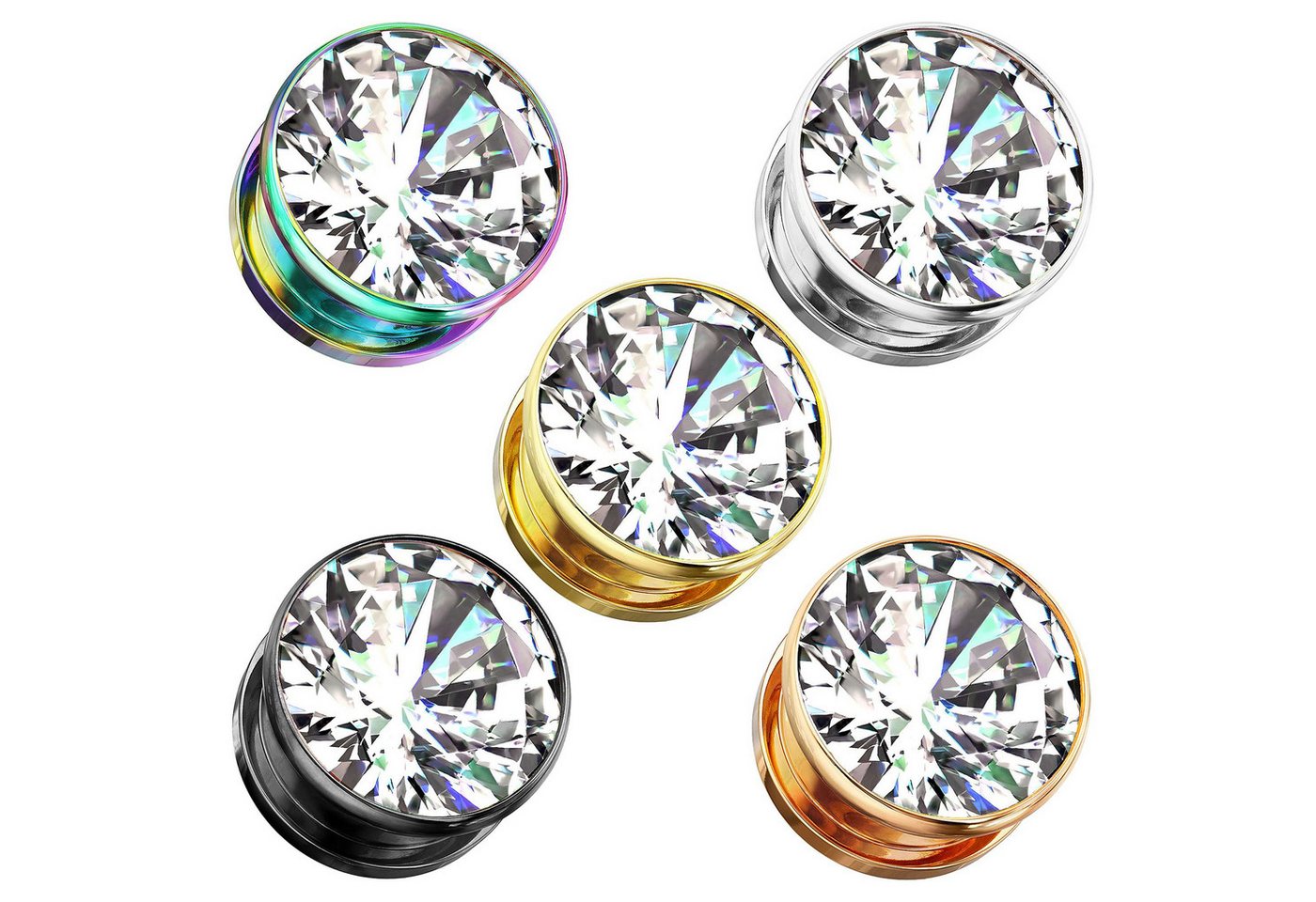 Taffstyle Plug Ohr Tunnel mit großen eingefassten klarem Zirkonia Kristall (Eleganter Ohr Plug Tunnel mit funkelndem Zirkonia Stein in mehreren Farben) – Bild 3 von 4