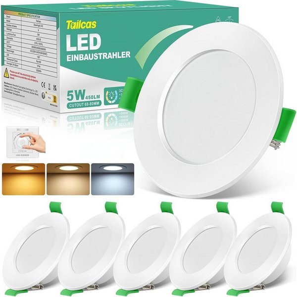 Tailcas LED Einbaustrahler LED Einbaustrahler dimmbar 5W extra flach IP44 mit 3 Farbtemperaturen, Fest verbautes LED-Modul, 5 Watt, 450 Lumen., Warmweiß (3000K)