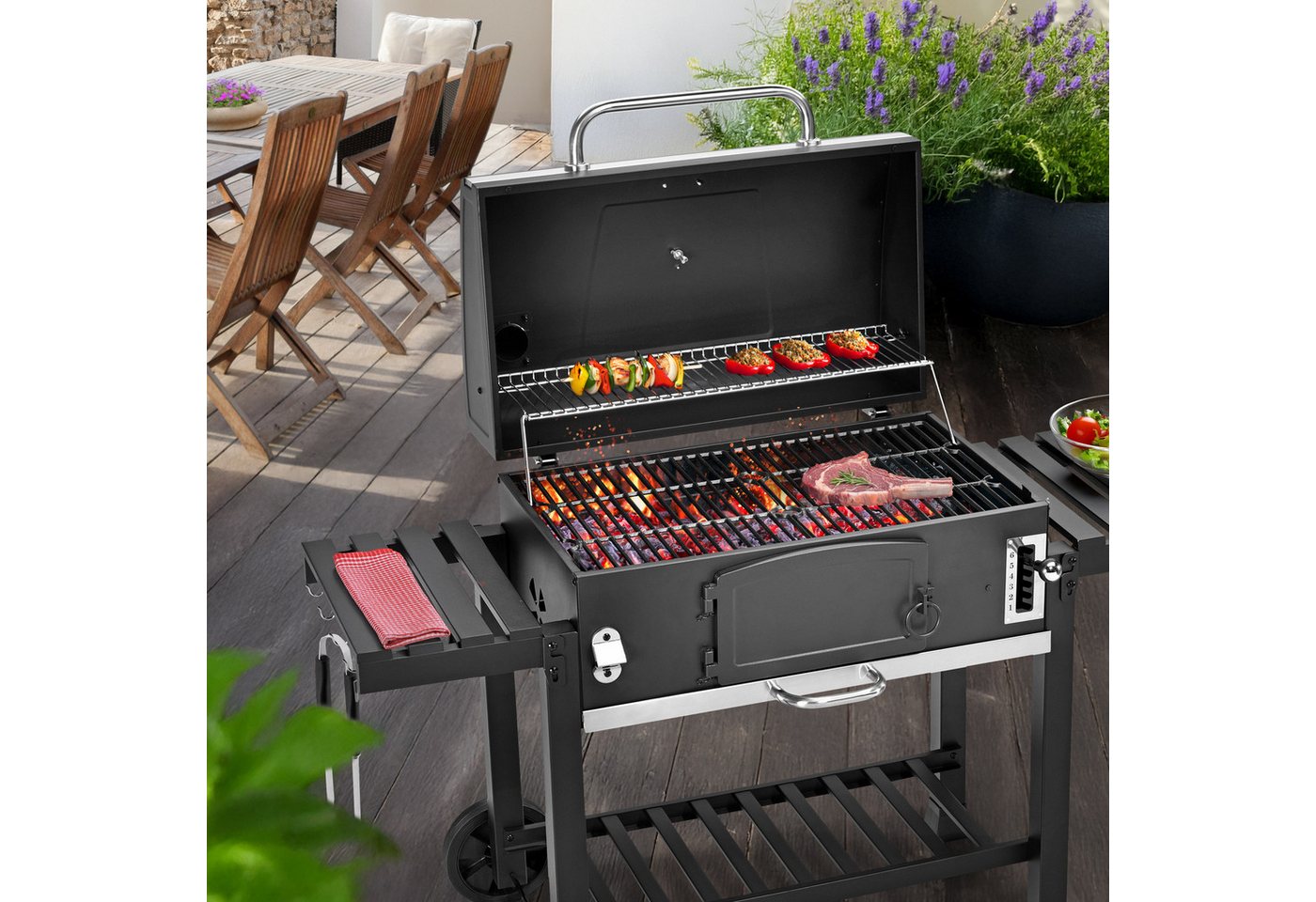 TAINO Holzkohlegrill, HERO XXL, Grillwagen, Smoker, integriertes Thermometer, klappbare Seitentische – Bild 2 von 5