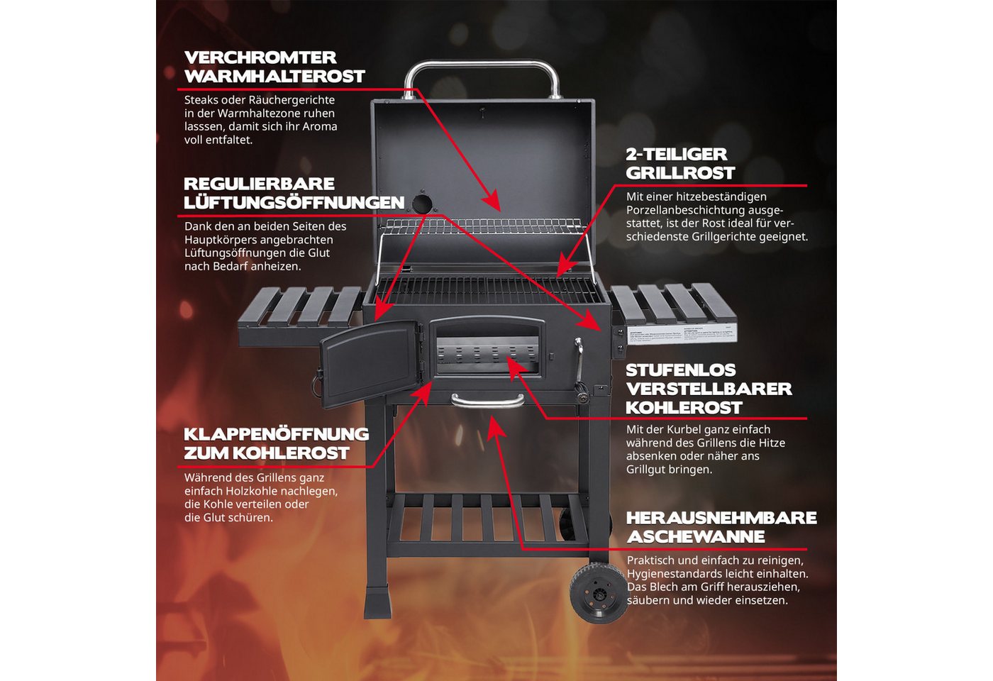TAINO Holzkohlegrill, HERO XL, Grillwagen, integriertes Thermometer, klappbare Seitentische – Bild 4 von 5