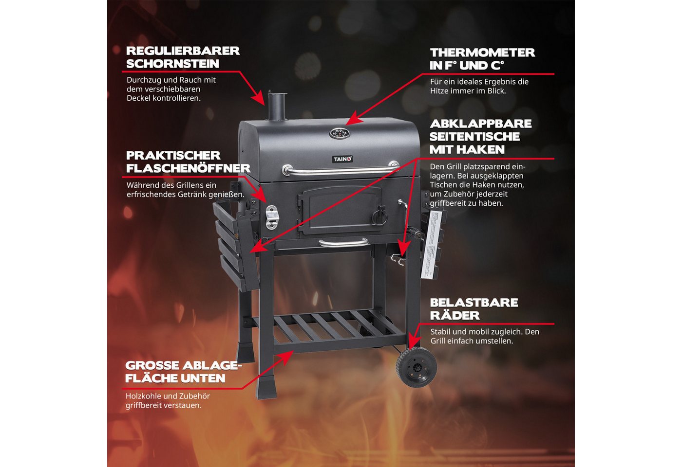 TAINO Holzkohlegrill, HERO XL, Grillwagen, integriertes Thermometer, klappbare Seitentische – Bild 5 von 5