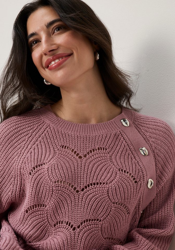 Tamaris Strickpullover mit Raglanärmeln und Ajourmuster mit Knopf-Details – Bild 2 von 5