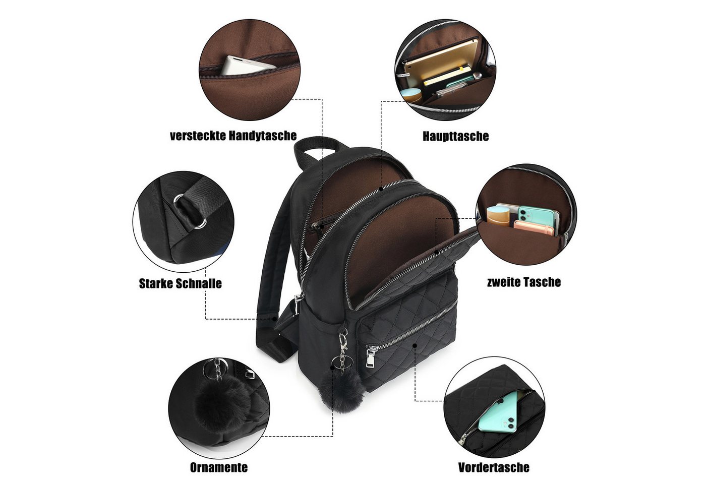 TAN.TOMI Daypack Cityrucksack, Damen Klein Rucksack, Nylon Wasserdicht Daypacks, mit Anhänger Quaste hängen Tasche Diebstahlsicher Casual Daypack – Bild 4 von 5