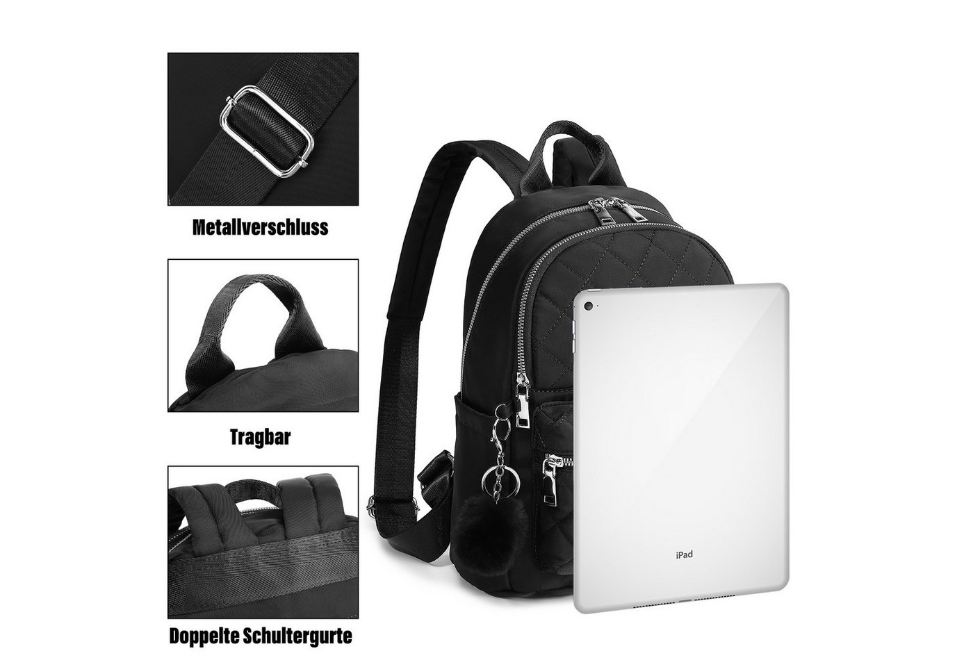 TAN.TOMI Daypack Cityrucksack, Damen Klein Rucksack, Nylon Wasserdicht Daypacks, mit Anhänger Quaste hängen Tasche Diebstahlsicher Casual Daypack – Bild 5 von 5
