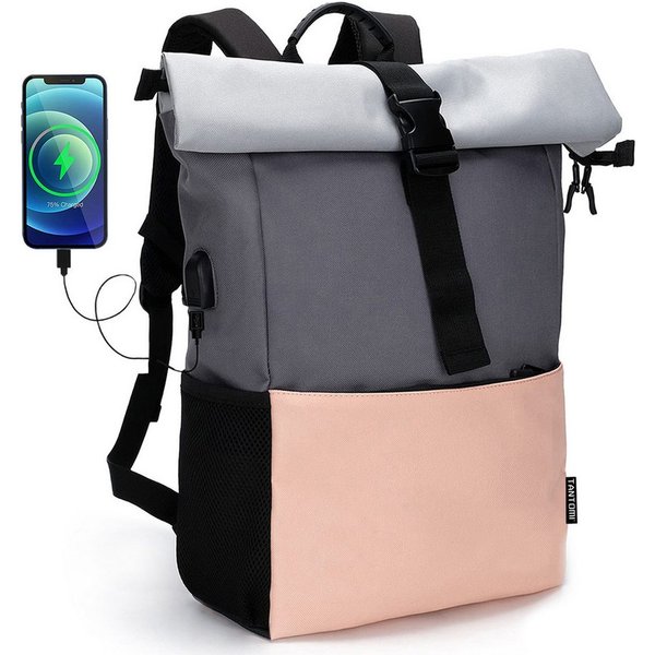 TANTOMI Freizeitrucksack Arbeitsrucksack Groß Damen lässiger Rolltop Rucksack Herren Backpack, mit Laptopfach bis 15,6 zoll und externen USB-Anschluss